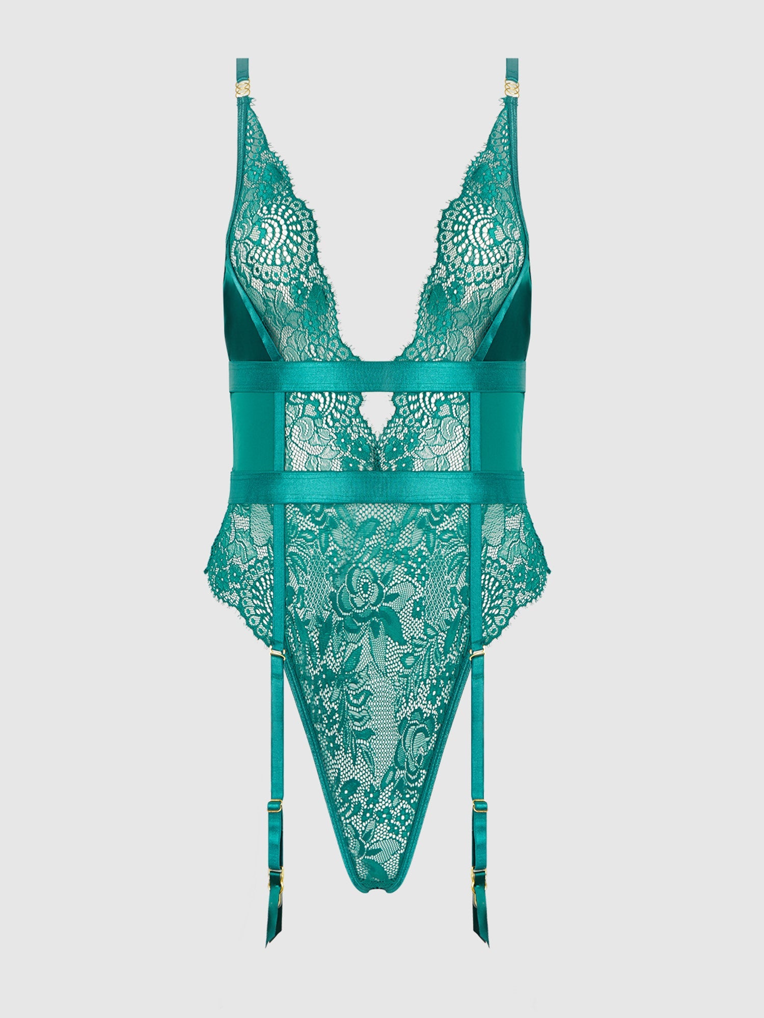 Elegant Reverie Galloon Lace Bodysuit in Green & Black