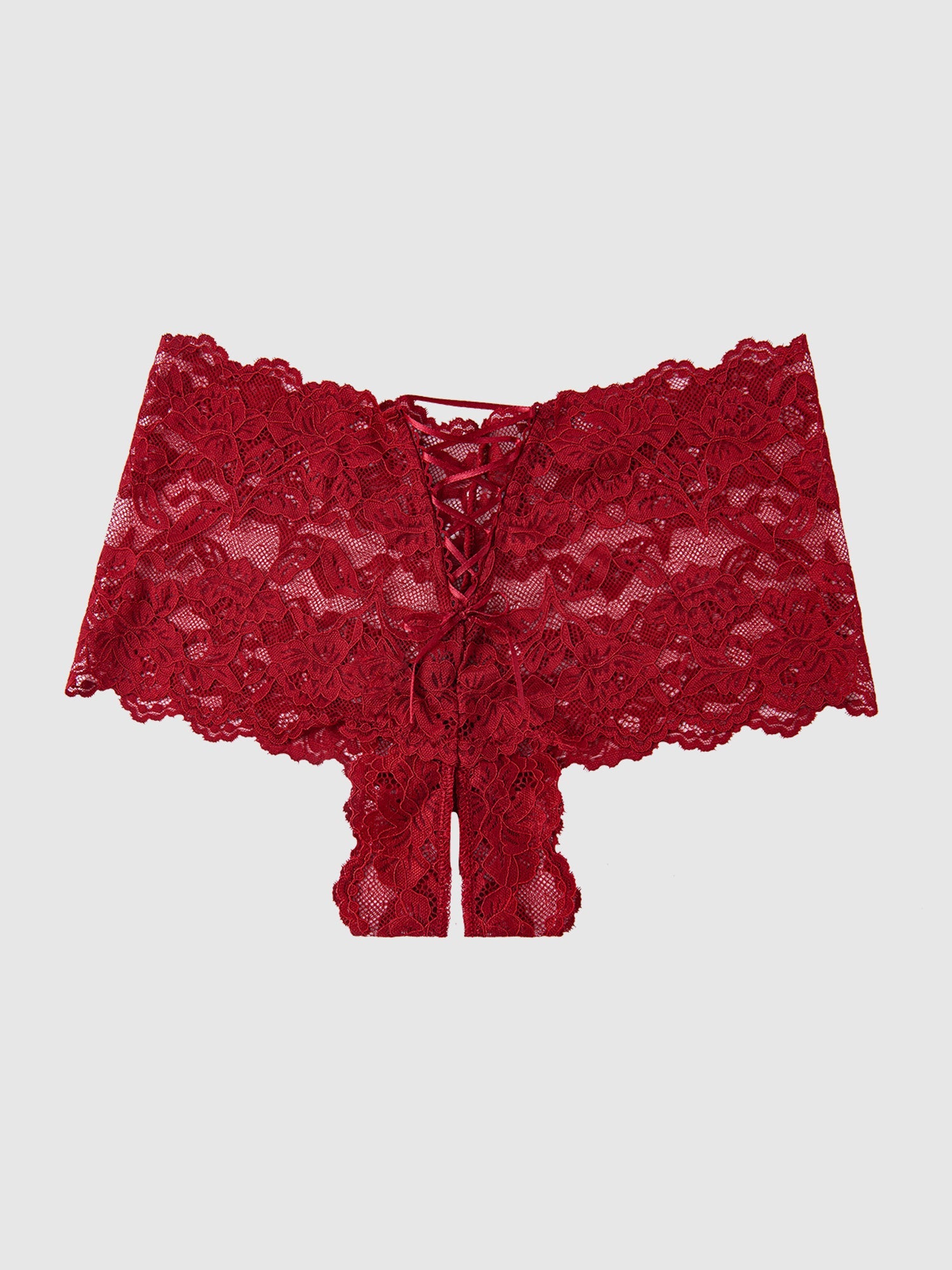 LACE CROTCHLESS CHEEKY IN FUSCHIA PINK, BLACK, RED AND BURGUNDY