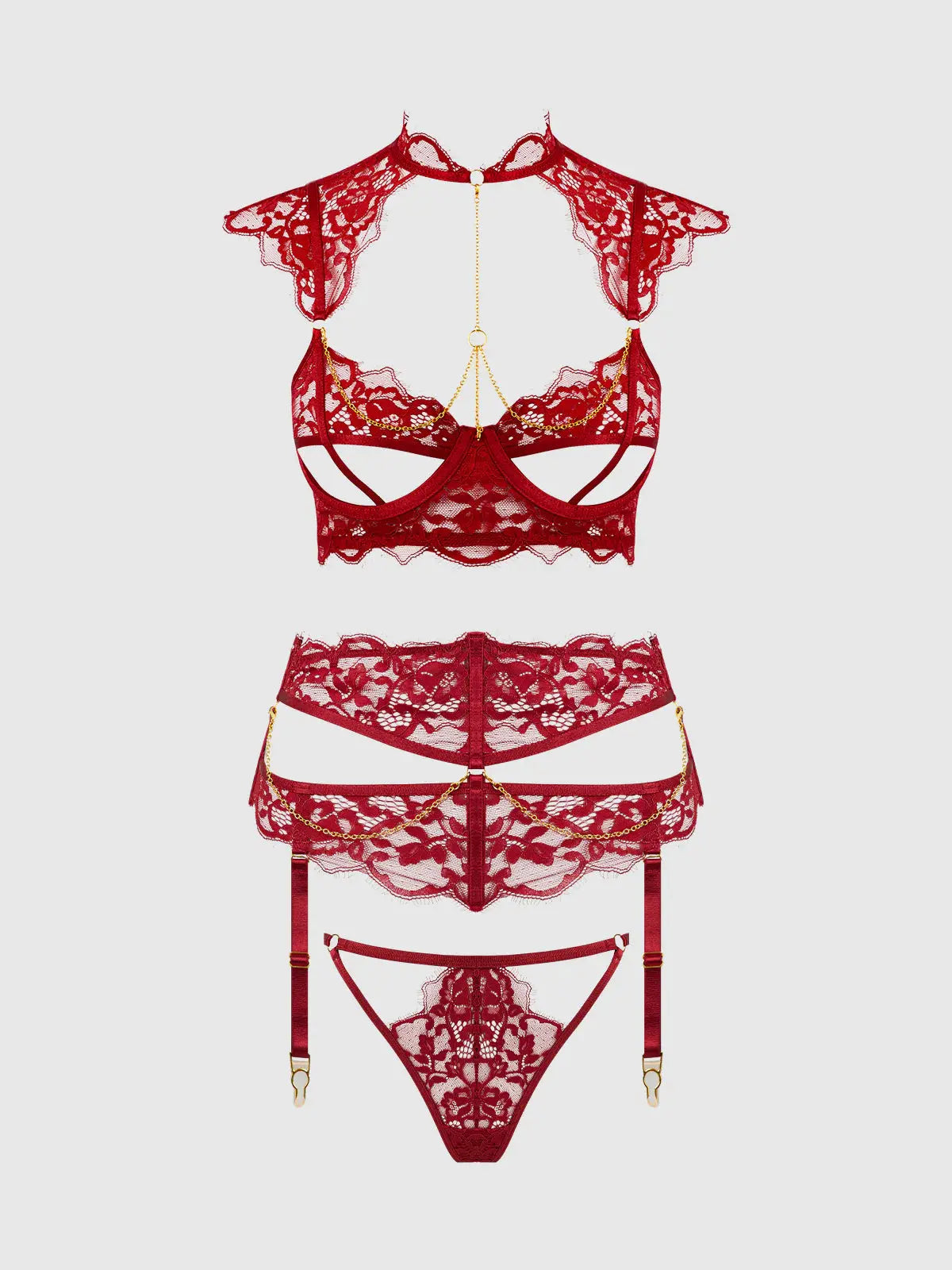 DEZI LACE & CHAIN OPEN CUP BRA, GARTER & G-STRING SET