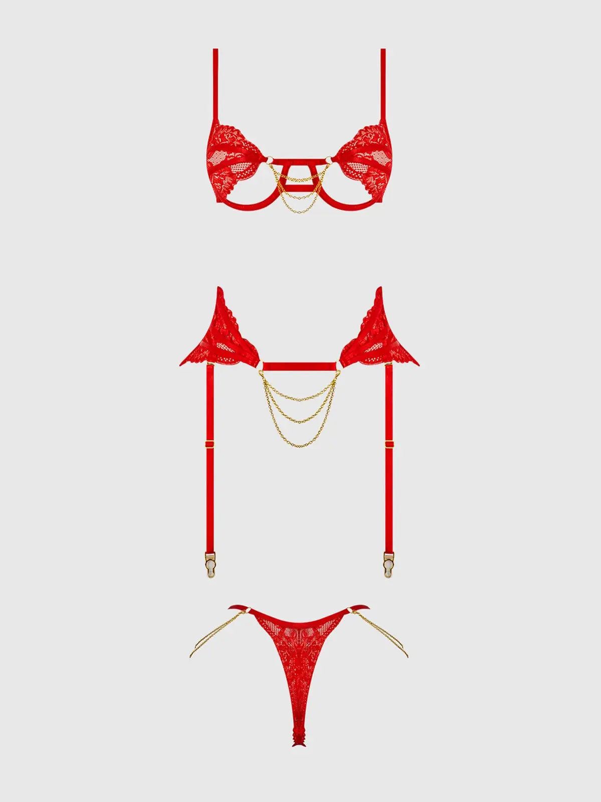 CECILY LACE & CHAIN BRA, GARTER & G-STRING SET