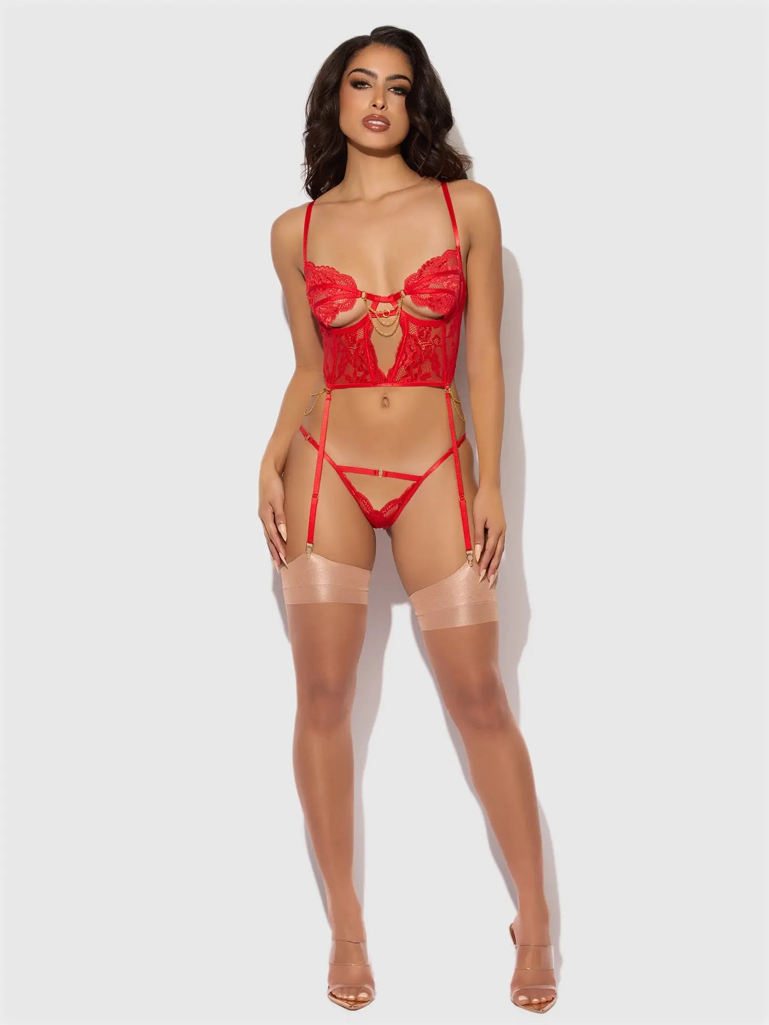 Seductive Red Lace Bodysuit with Chains & Open Back