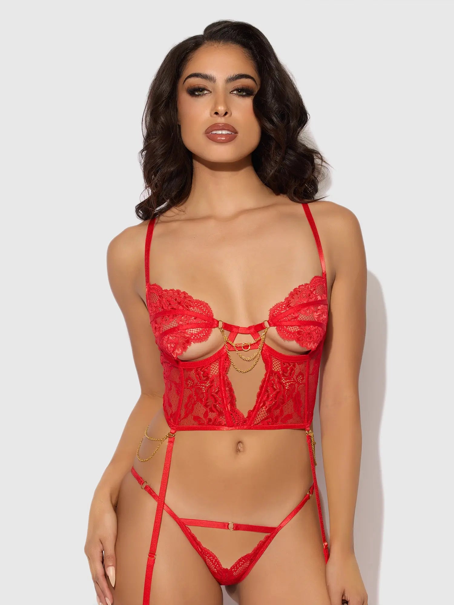 Seductive Red Lace Bodysuit with Chains & Open Back