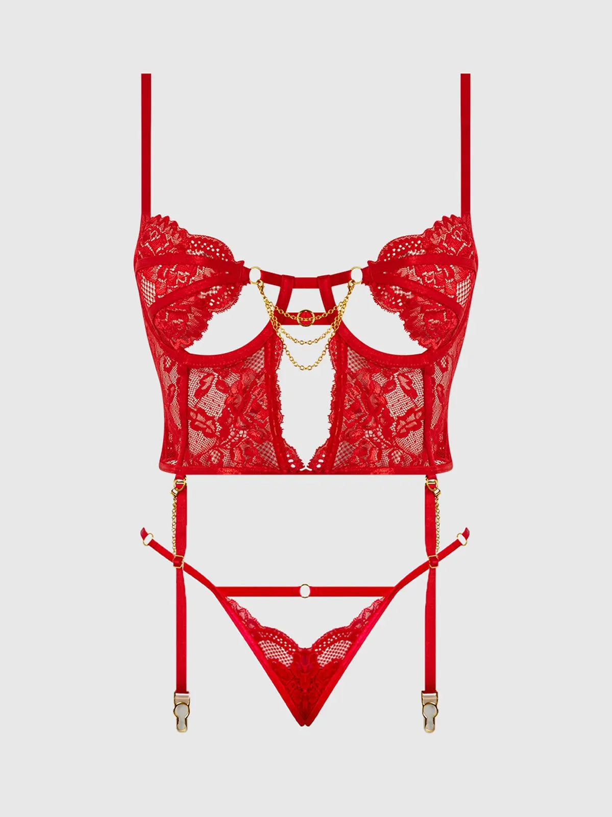 Seductive Red Lace Bodysuit with Chains & Open Back