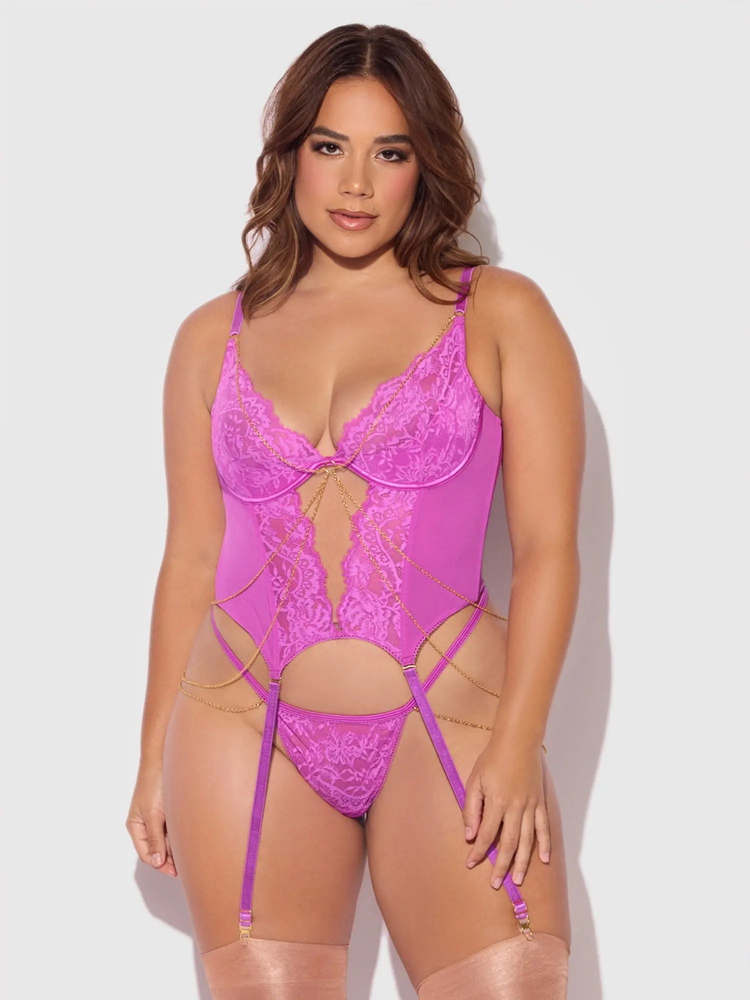 Pink Lace & Chain Bustier & G-String Set