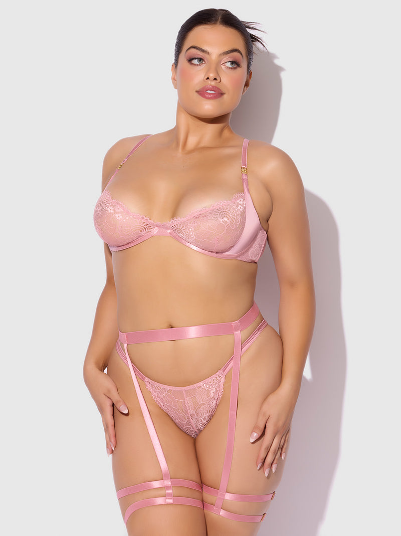 Satin & Lace Lingerie Set | 3 PIECE BRA, GARTER & PANTY SET Lingerie
