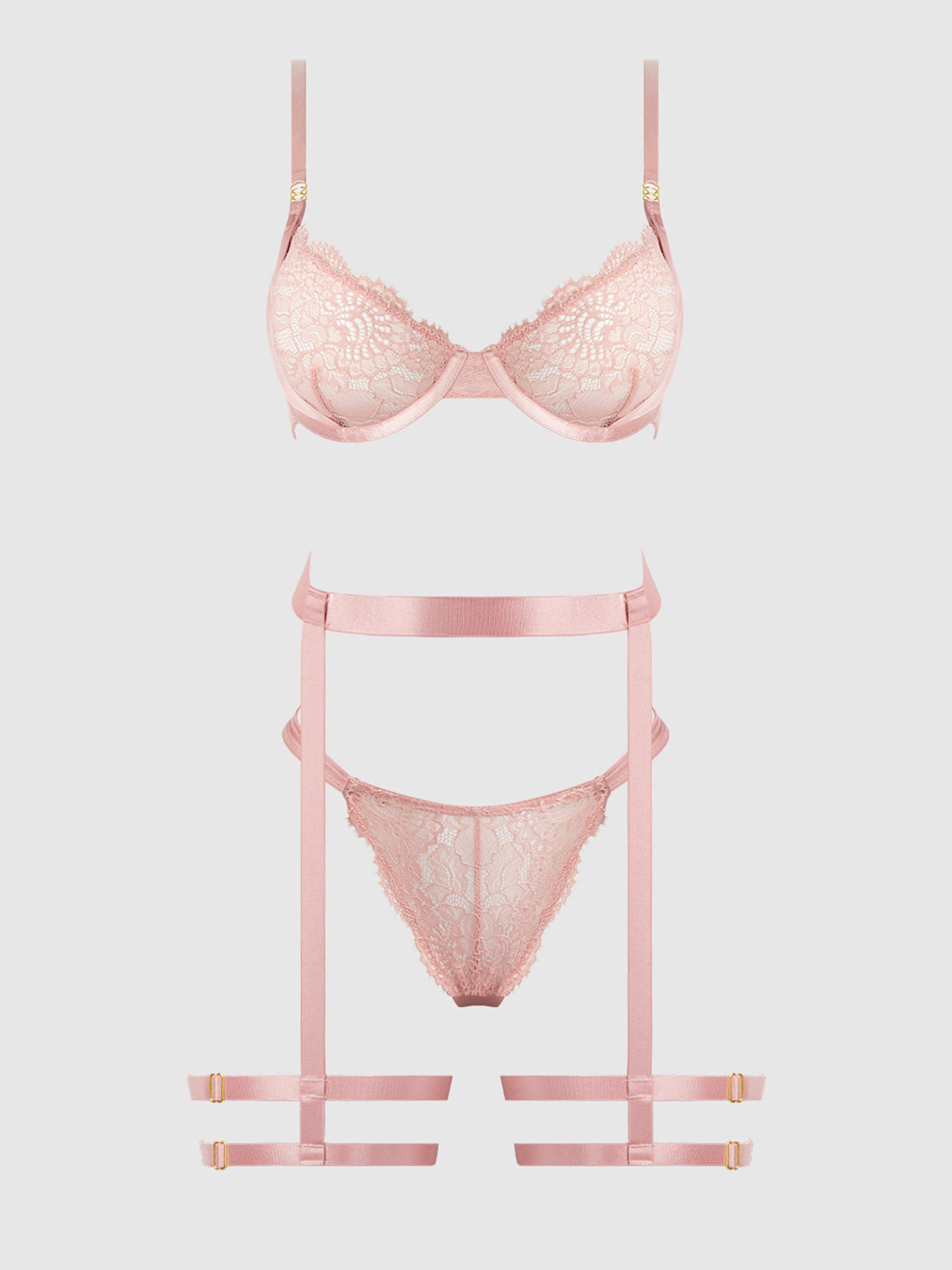 Satin & Lace Lingerie Set | 3 PIECE BRA, GARTER & PANTY SET Lingerie
