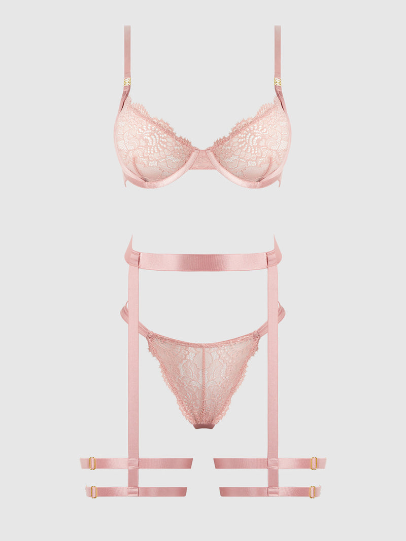 Satin & Lace Lingerie Set | 3 PIECE BRA, GARTER & PANTY SET Lingerie