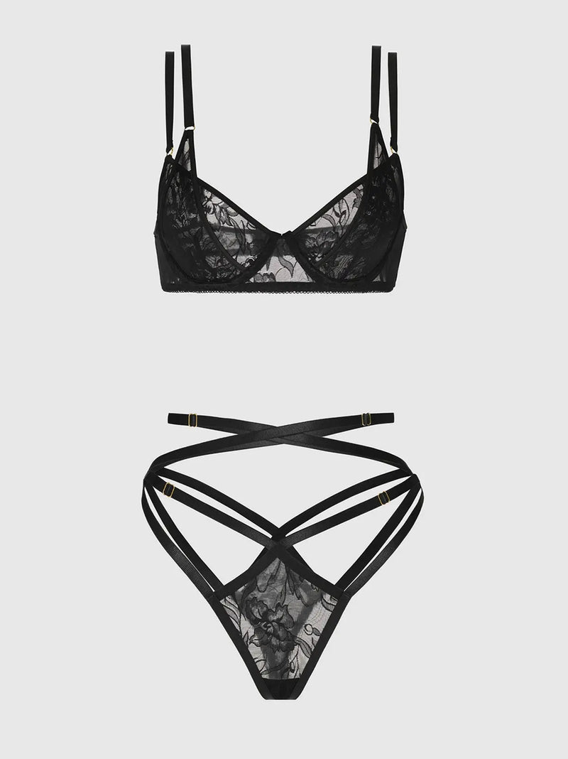 FLORA LACE BRA & STRAPPY THONG SET Lingerie HOD