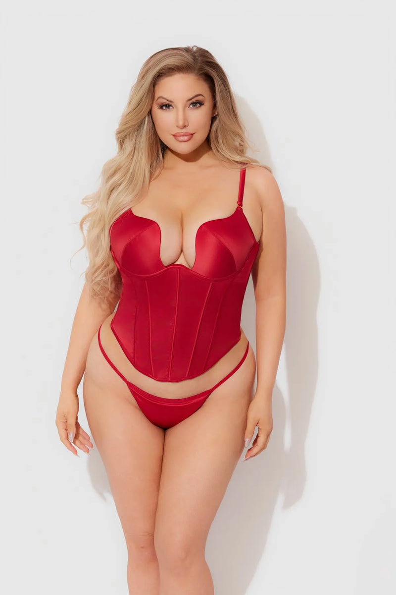 BRIGETA SATIN PLUNGE PUSH UP BUSTIER & G-STRING SET Lingerie HOD