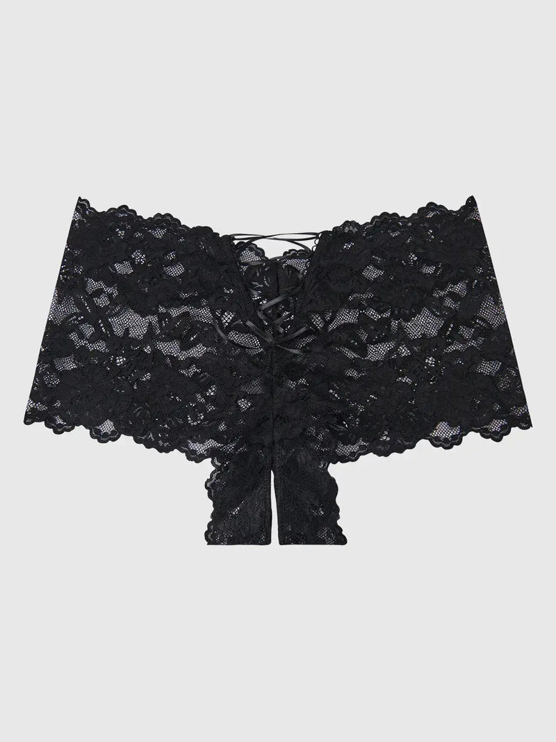 LACE CROTCHLESS CHEEKY IN FUSCHIA PINK, BLACK, RED AND BURGUNDY Lingerie HOD Small BLACK