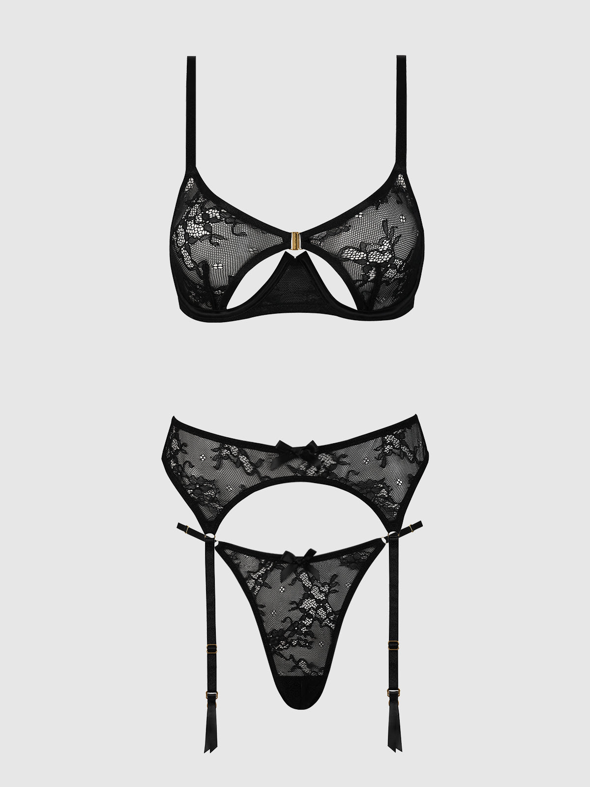 OPEN CUP LACE BRA, CROTCHLESS THONG & GARTER SET