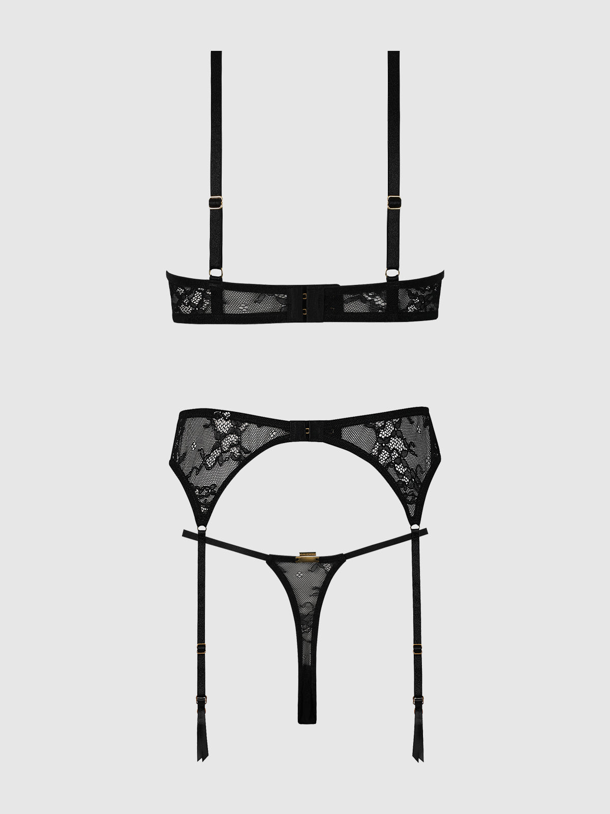 OPEN CUP LACE BRA, CROTCHLESS THONG & GARTER SET