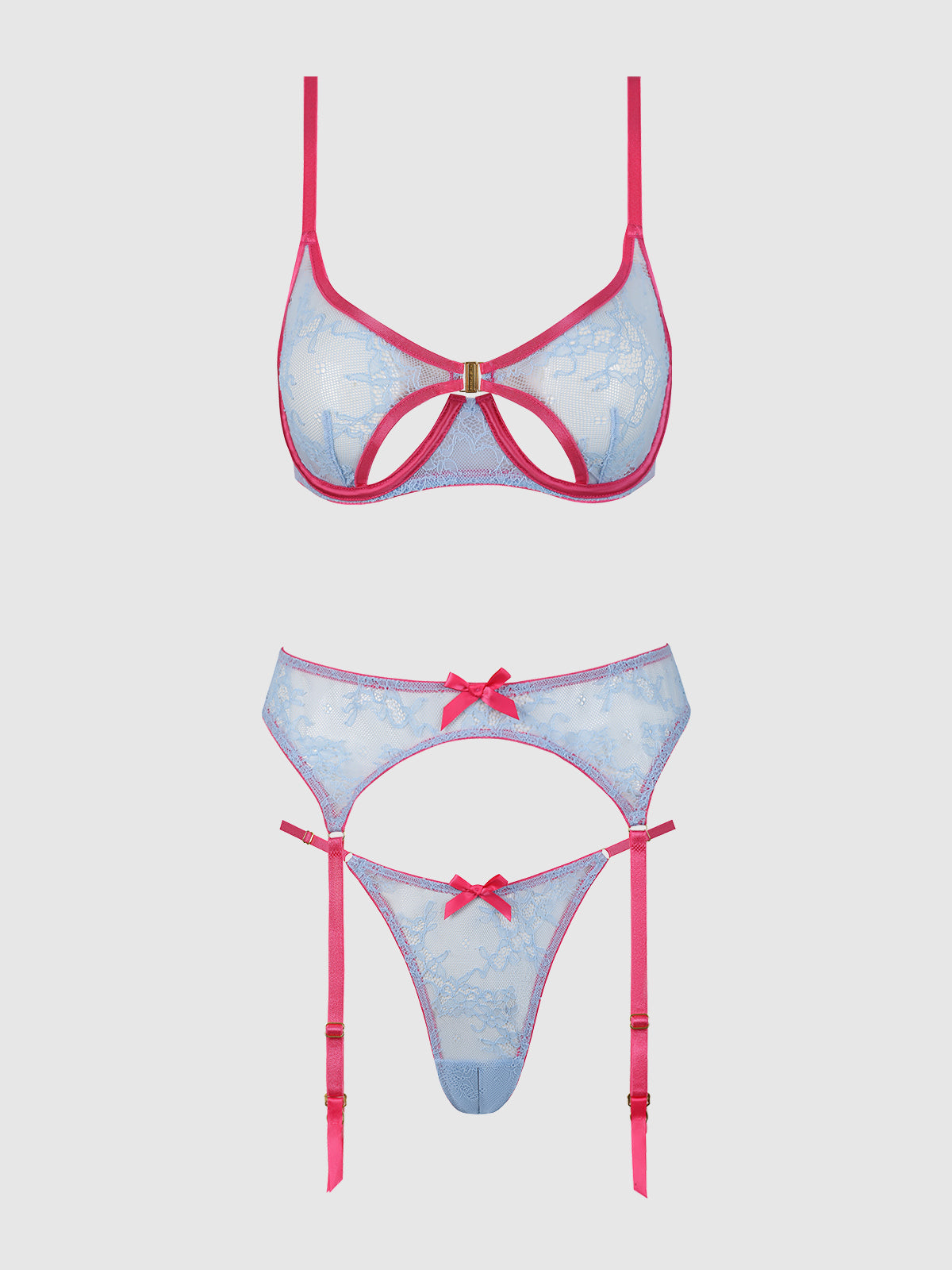 OPEN CUP LACE BRA, CROTCHLESS THONG & GARTER SET