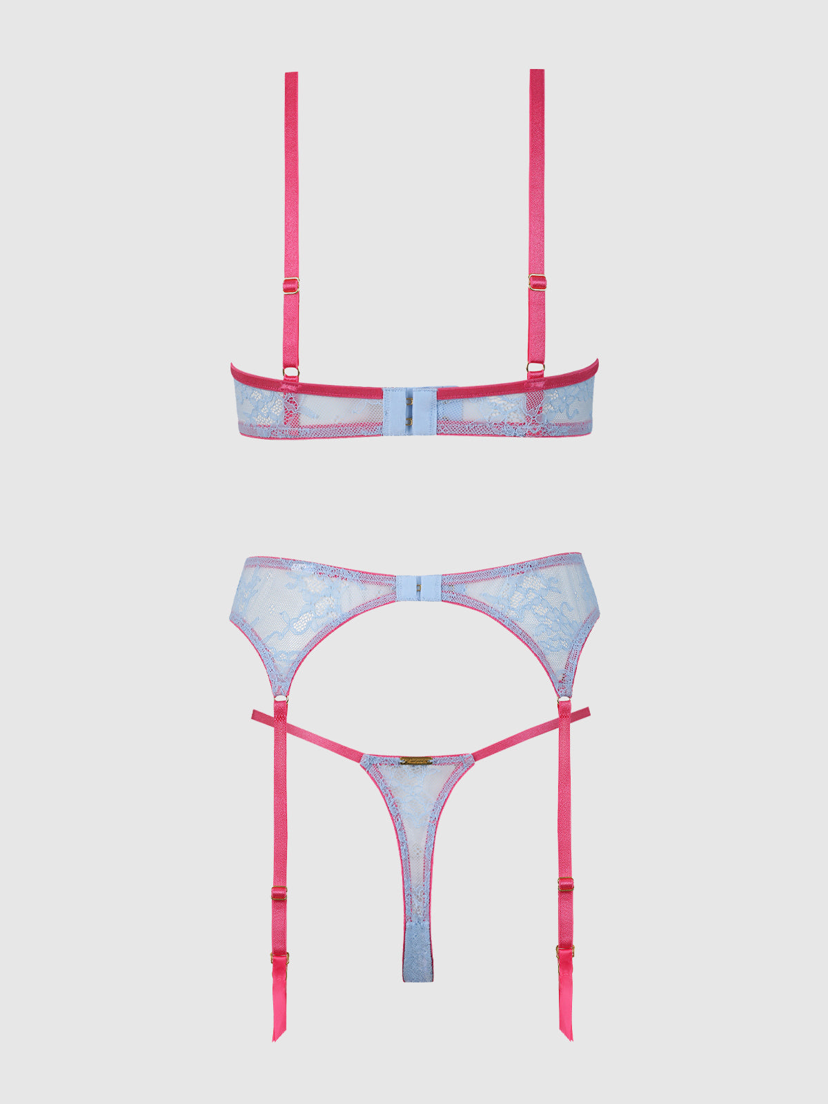 OPEN CUP LACE BRA, CROTCHLESS THONG & GARTER SET