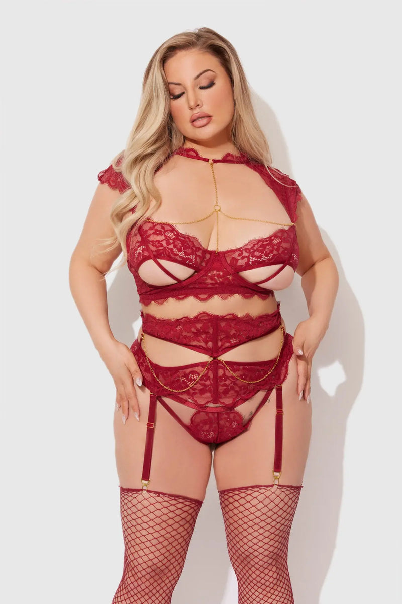 DEZI LACE & CHAIN OPEN CUP BRA, GARTER & G-STRING SET Lingerie HOD   