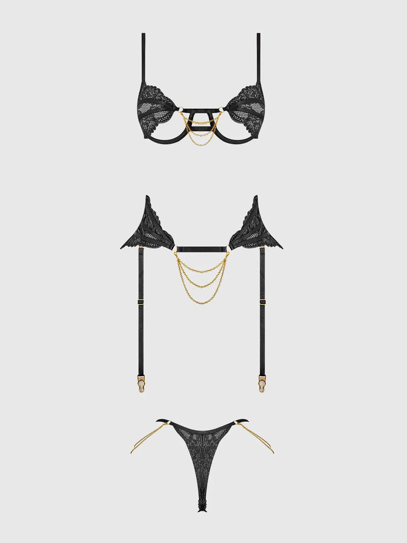 CECILY LACE & CHAIN BRA, GARTER & G-STRING SET Lingerie HOD