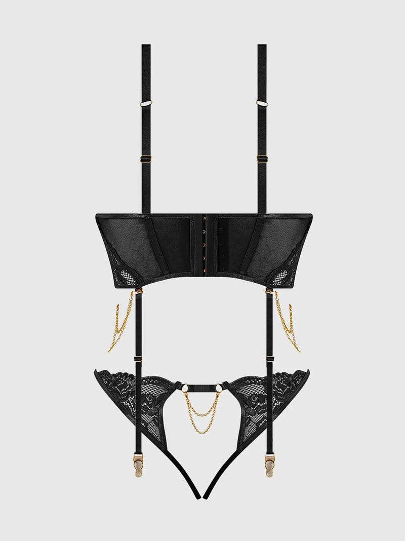 CECILY LACE & CHAIN BUSTIER & BACKLESS HIPSTER SET Lingerie HOD