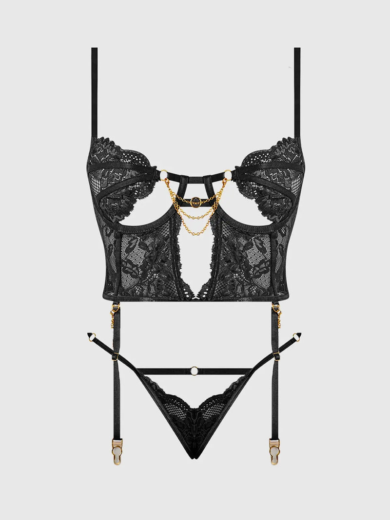 CECILY LACE & CHAIN BUSTIER & BACKLESS HIPSTER SET Lingerie HOD