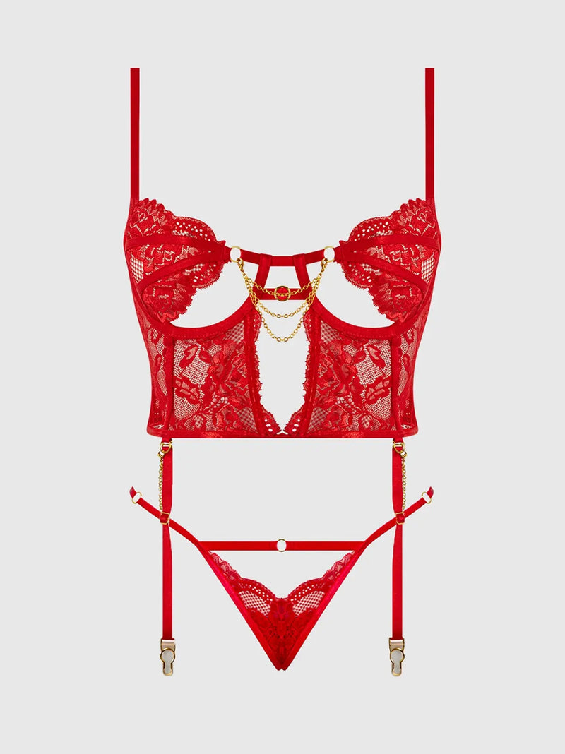 CECILY LACE & CHAIN BUSTIER & BACKLESS HIPSTER SET Lingerie HOD