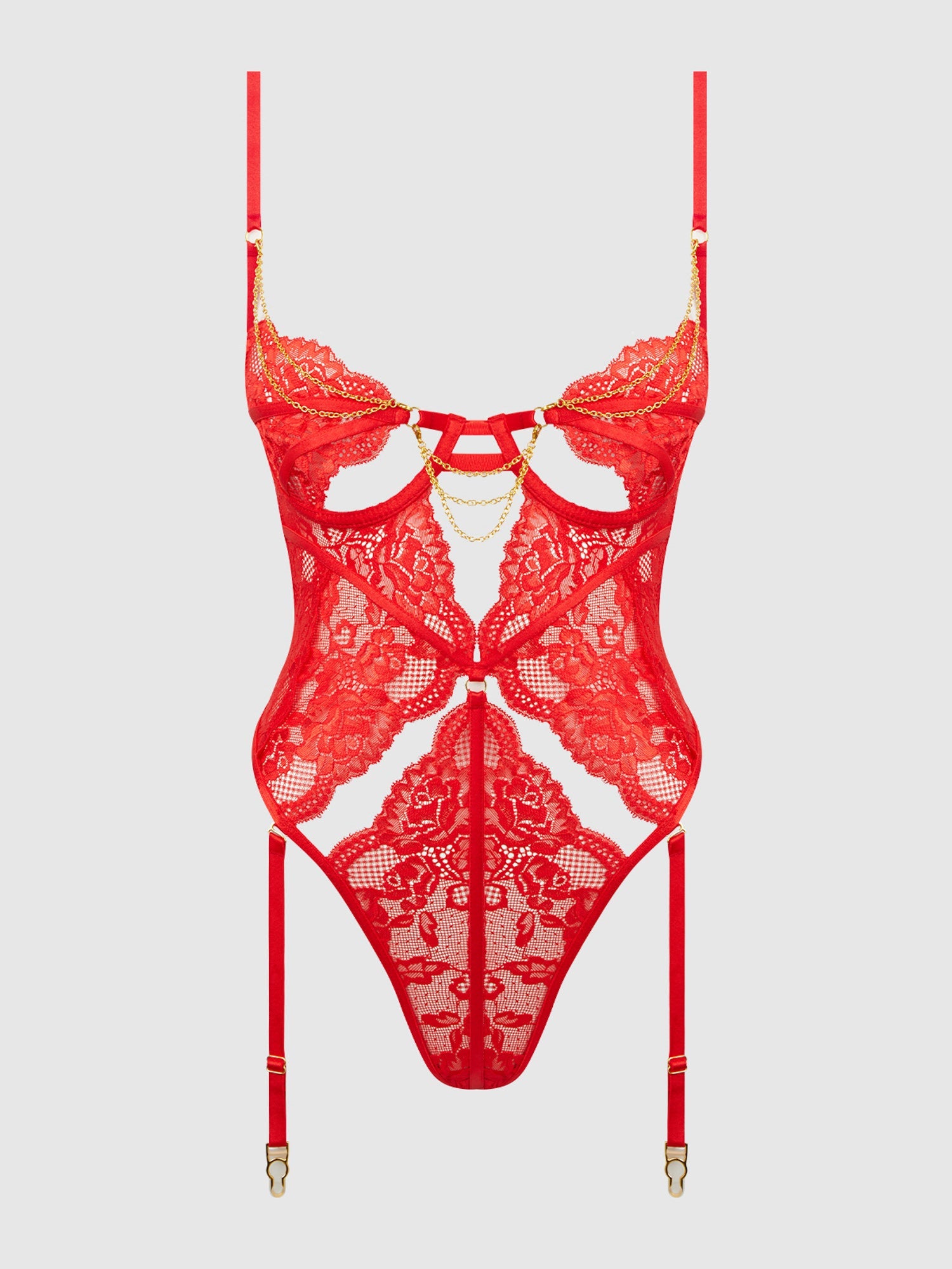 LACE & CHAIN GARTERED TEDDY Lingerie HOD HIGH RISK RED Small