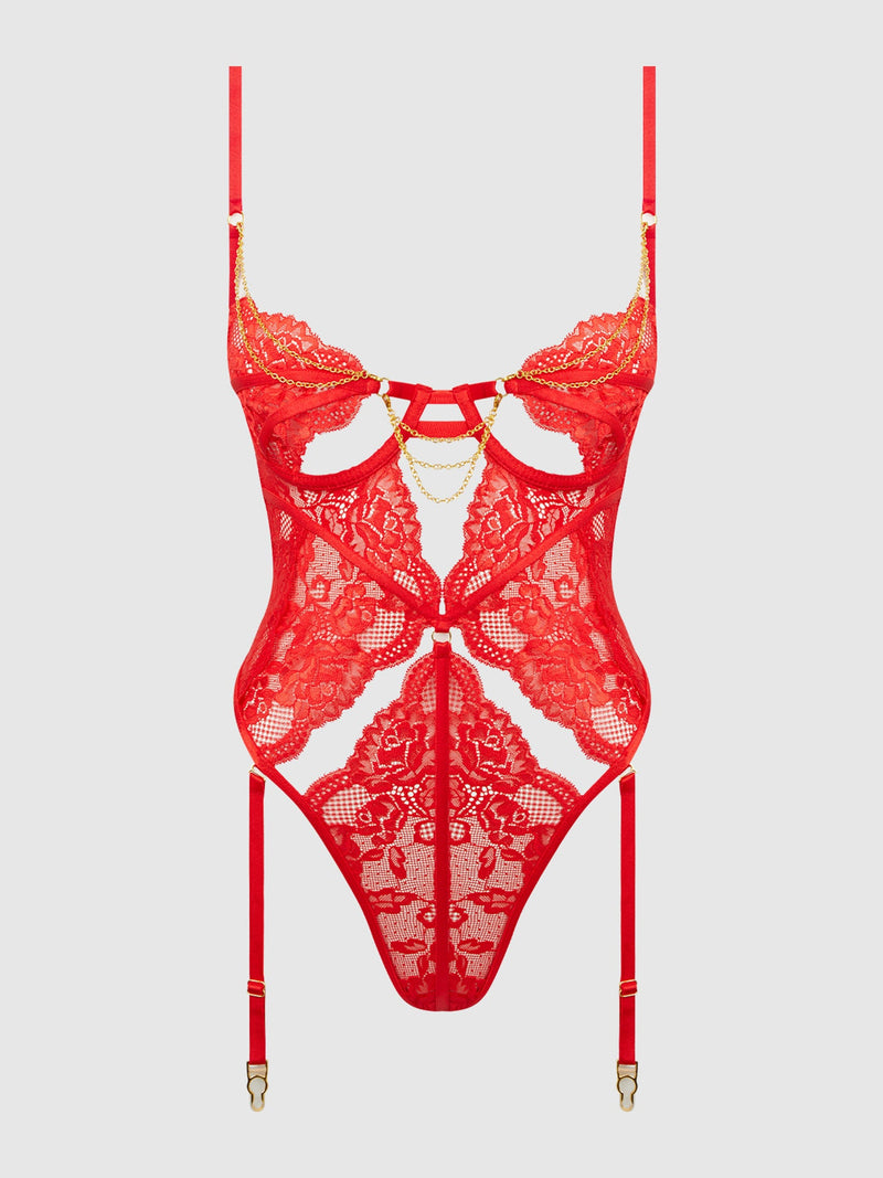 LACE & CHAIN GARTERED TEDDY Lingerie HOD HIGH RISK RED Small