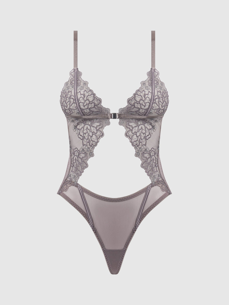 EMBROIDERED LACE TEDDY - WIRE FREE Lingerie HOD GRAY Small