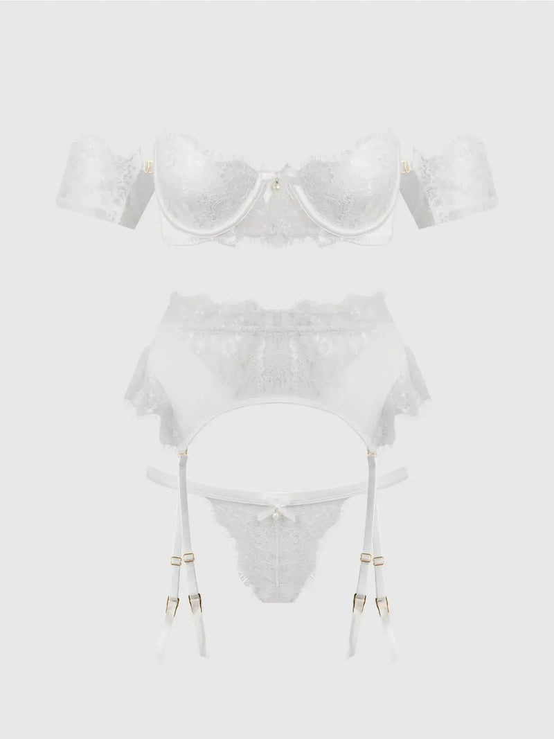 BRIDAL SATIN & LACE STRAPLESS BRA, GARTER BELT & TANGA SET Lace Lingerie HOD