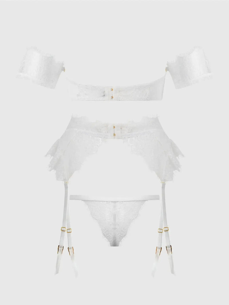 BRIDAL SATIN & LACE STRAPLESS BRA, GARTER BELT & TANGA SET Lace Lingerie HOD