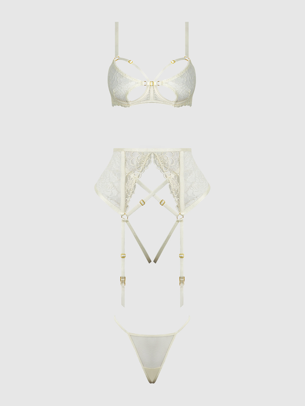 IVORY EMBROIDERED LACE OPEN-CUP BRA, GARTER & G-STRING SET
