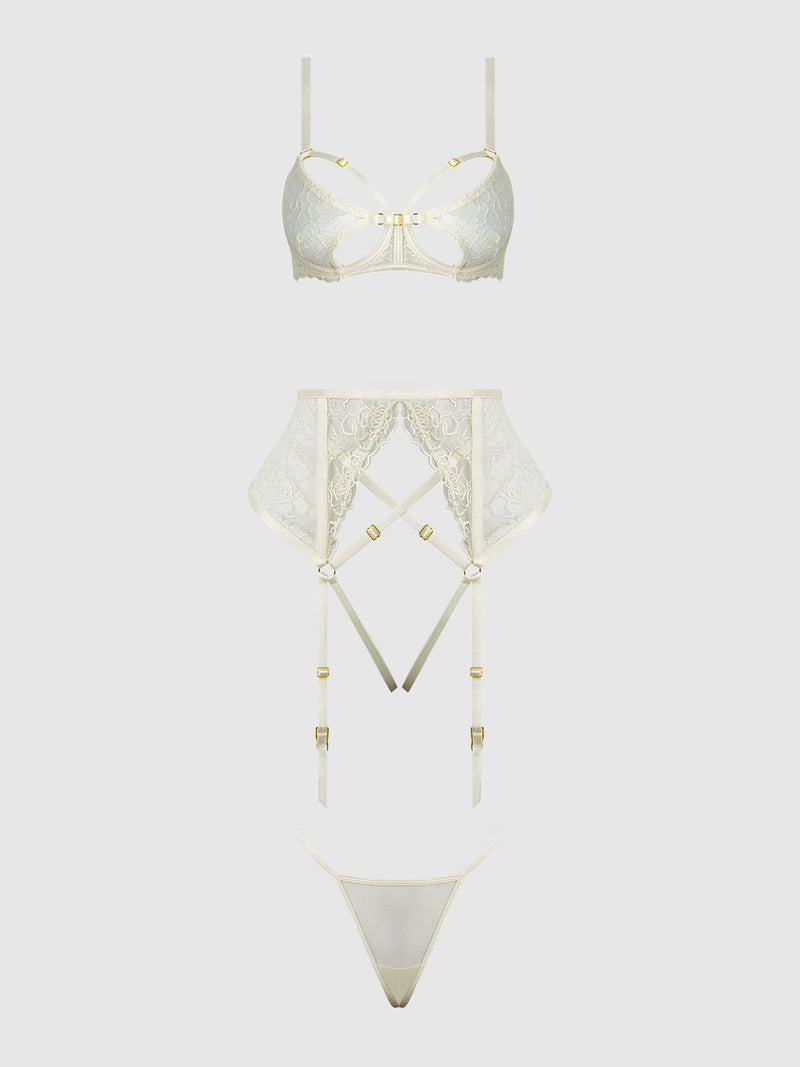 IVORY EMBROIDERED LACE OPEN-CUP BRA, GARTER & G-STRING SET