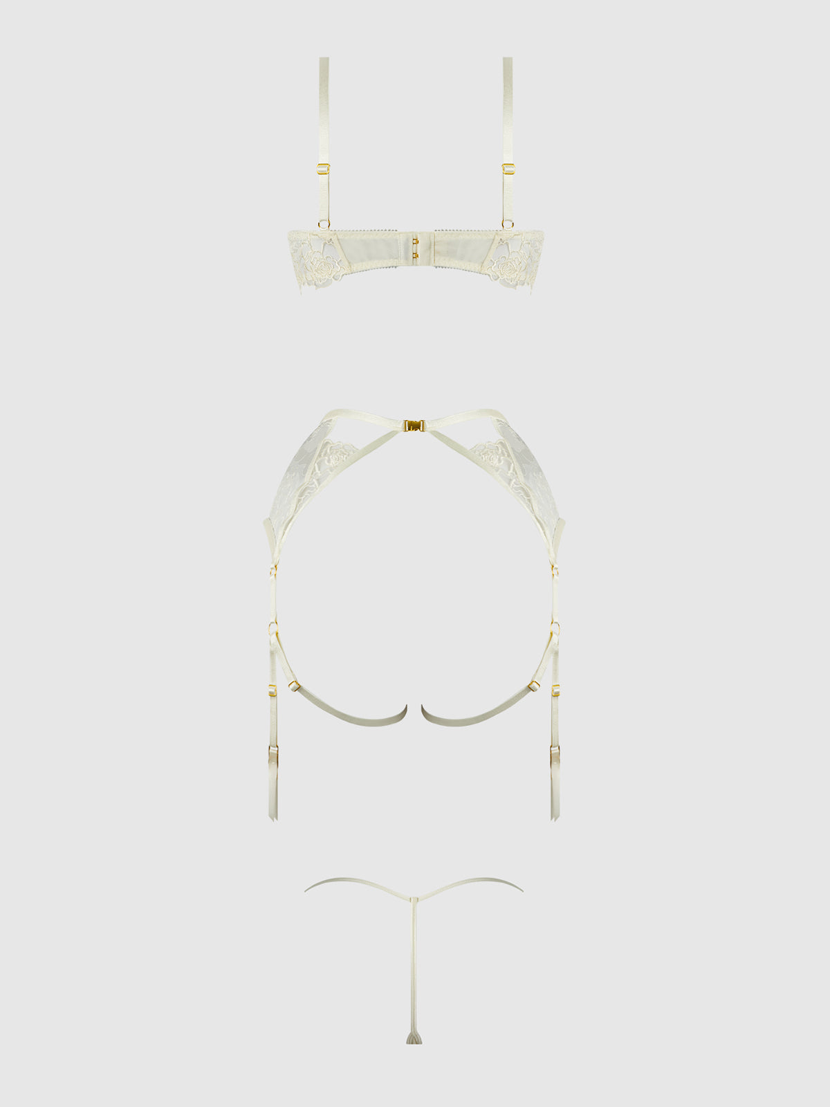 IVORY EMBROIDERED LACE OPEN-CUP BRA, GARTER & G-STRING SET