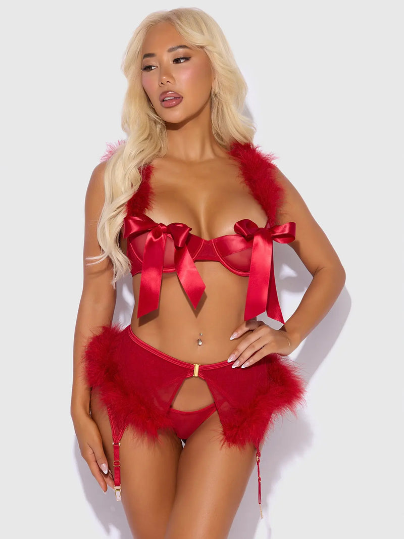 MARILYN 3 PIECE BRA SET WITH RED SATIN BOW TIES Lingerie HOD