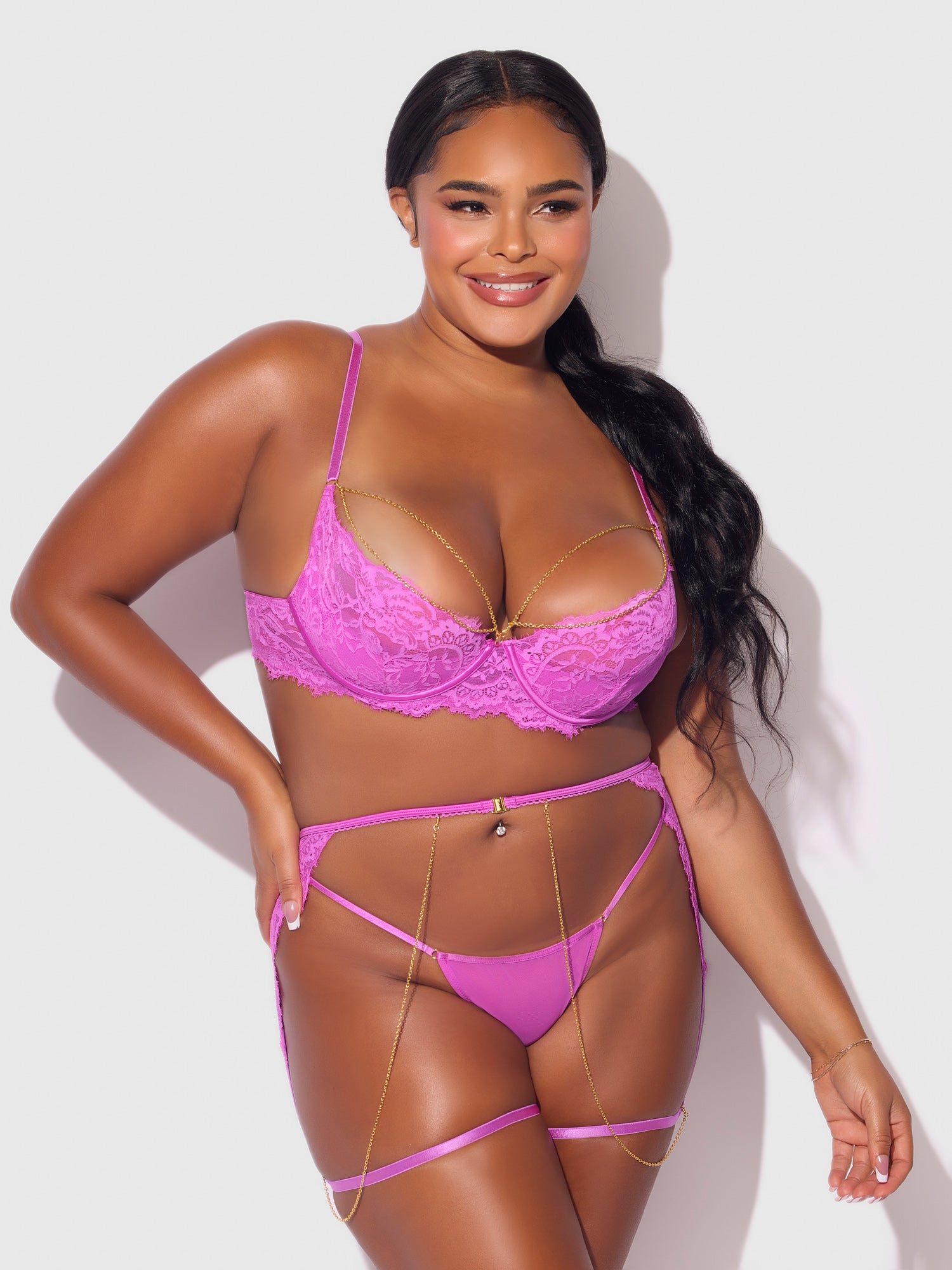 Lace & Chain Push-Up Bra, Garter & G-String Set