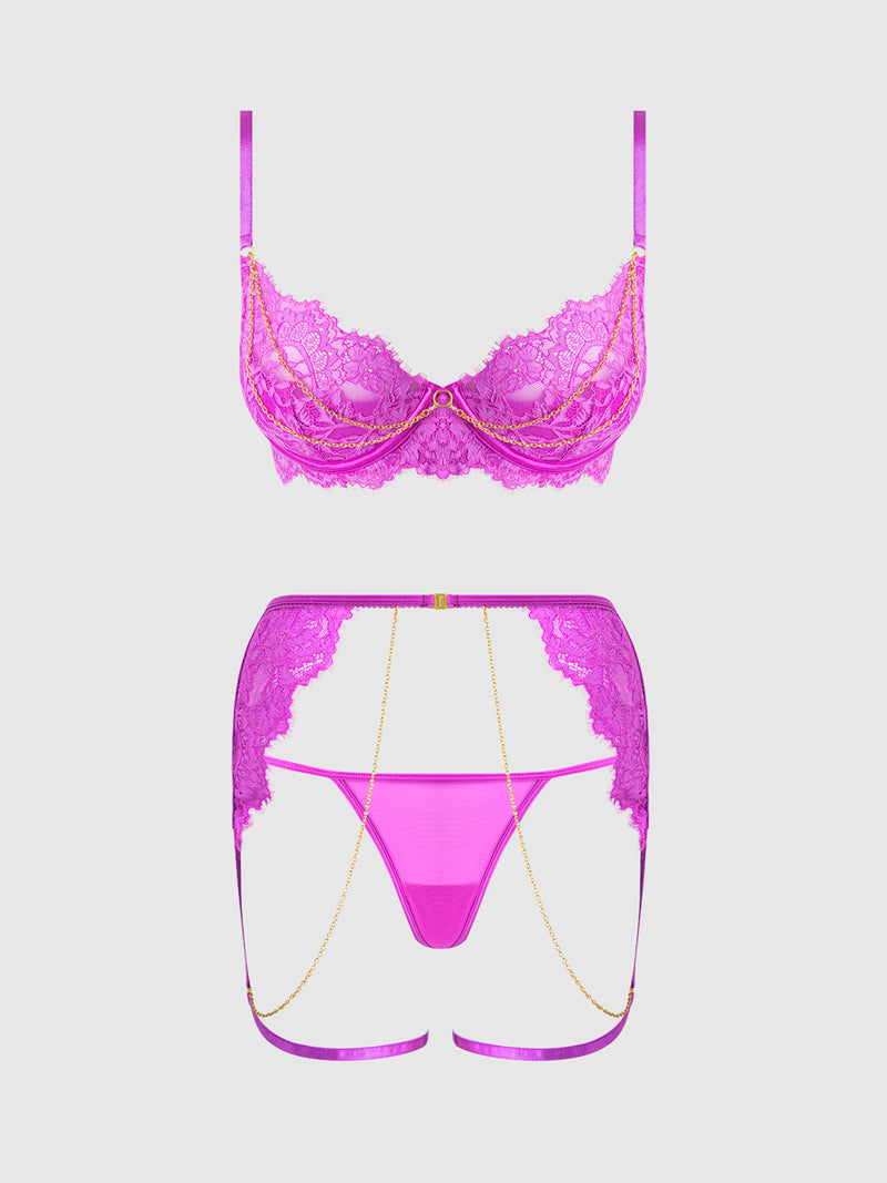 Lace & Chain Push-Up Bra, Garter & G-String Set HOD S