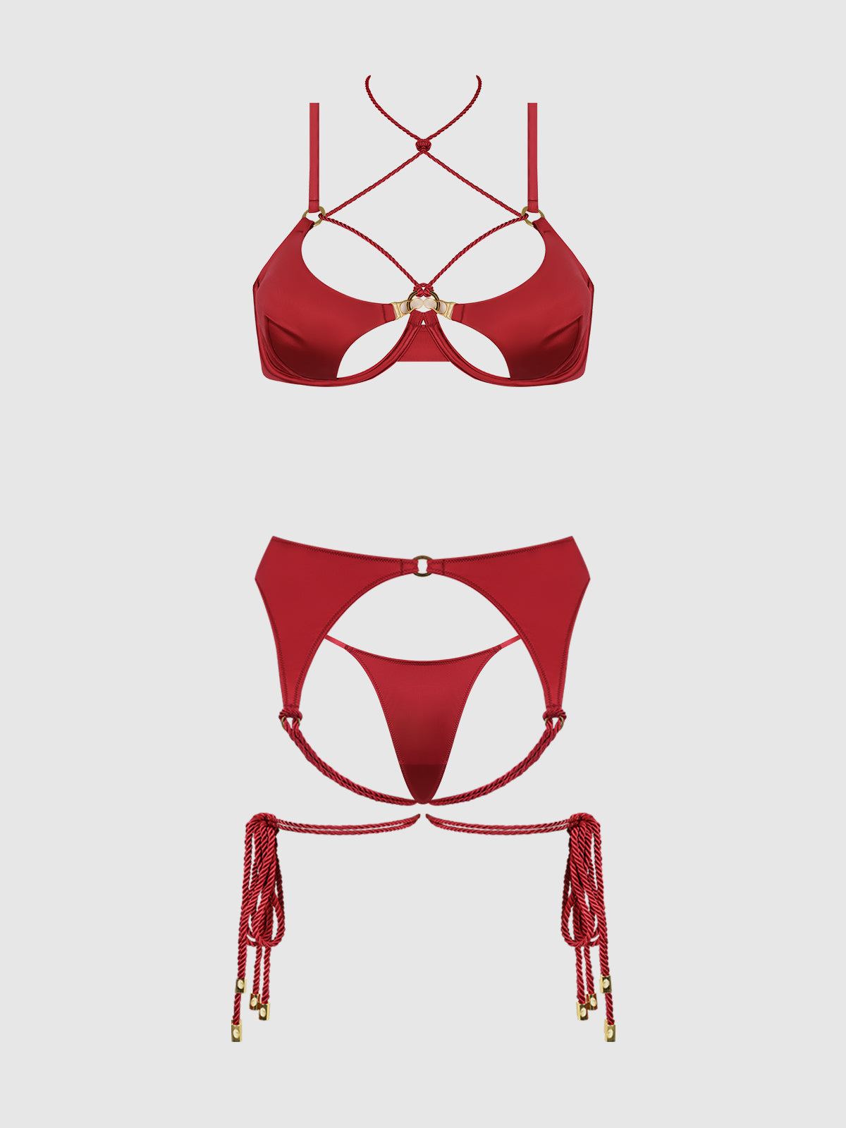 SILKY MICRO & ROPE BRA, GARTER & THONG SET