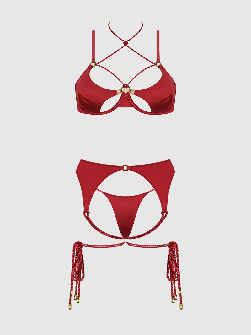 SILKY MICRO & ROPE BRA, GARTER & THONG SET Lingerie