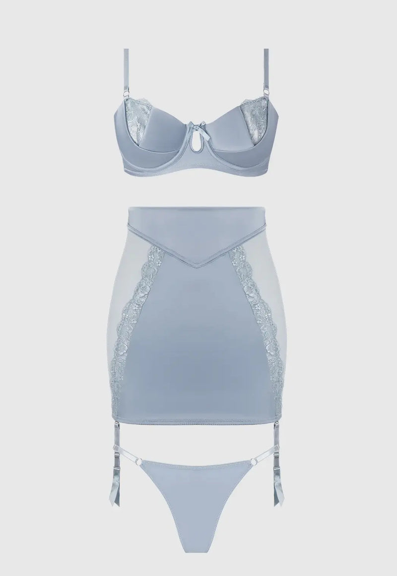 SIENNA SATIN & LACE BRA, BACKLESS SKIRT & TANGA SET Lingerie HOD